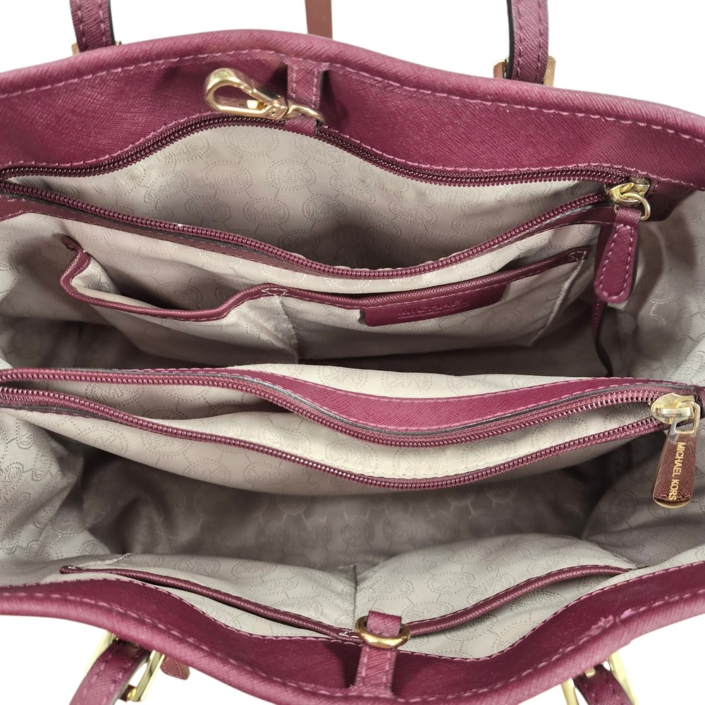 Michael Kors Plum Saffiano Leather Tote Bag Burgundy Gold Hardware Shoulder Bag - Picture 6 of 12